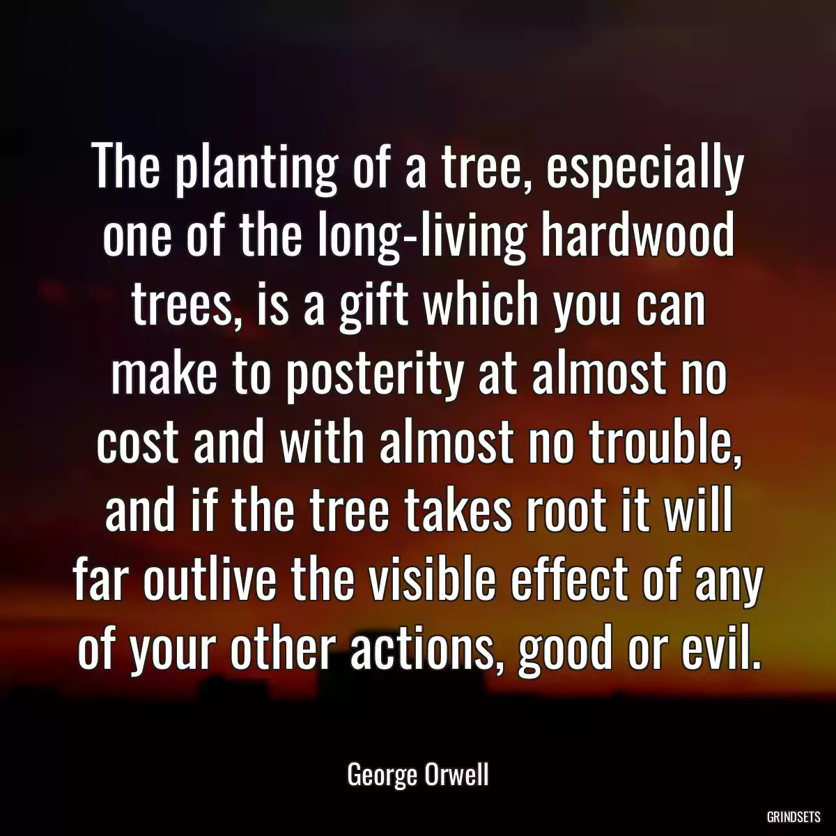 The planting of a tree, especially one of the long-living hardwood trees, is a gift which you can make to posterity at almost no cost and with almost no trouble, and if the tree takes root it will far outlive the visible effect of any of your other actions, good or evil.