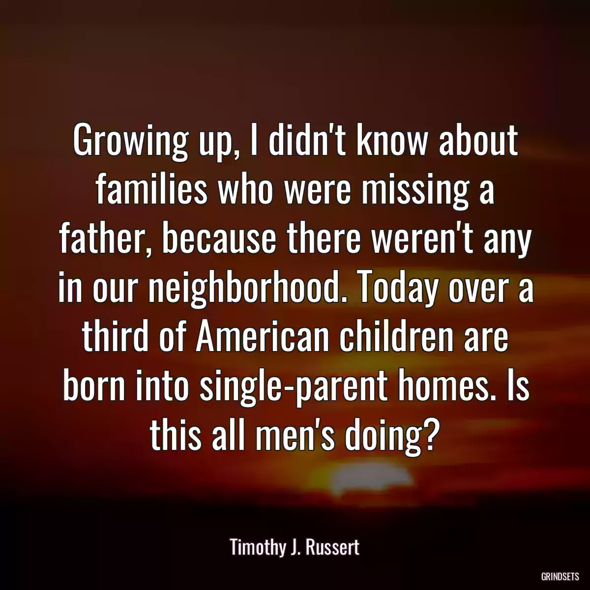 Growing up, I didn\'t know about families who were missing a father, because there weren\'t any in our neighborhood. Today over a third of American children are born into single-parent homes. Is this all men\'s doing?