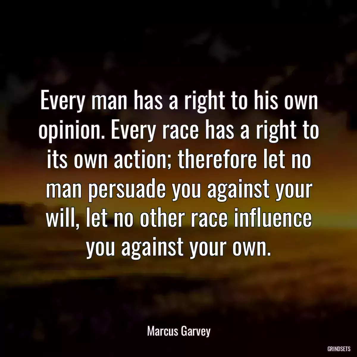 Every man has a right to his own opinion. Every race has a right to its own action; therefore let no man persuade you against your will, let no other race influence you against your own.