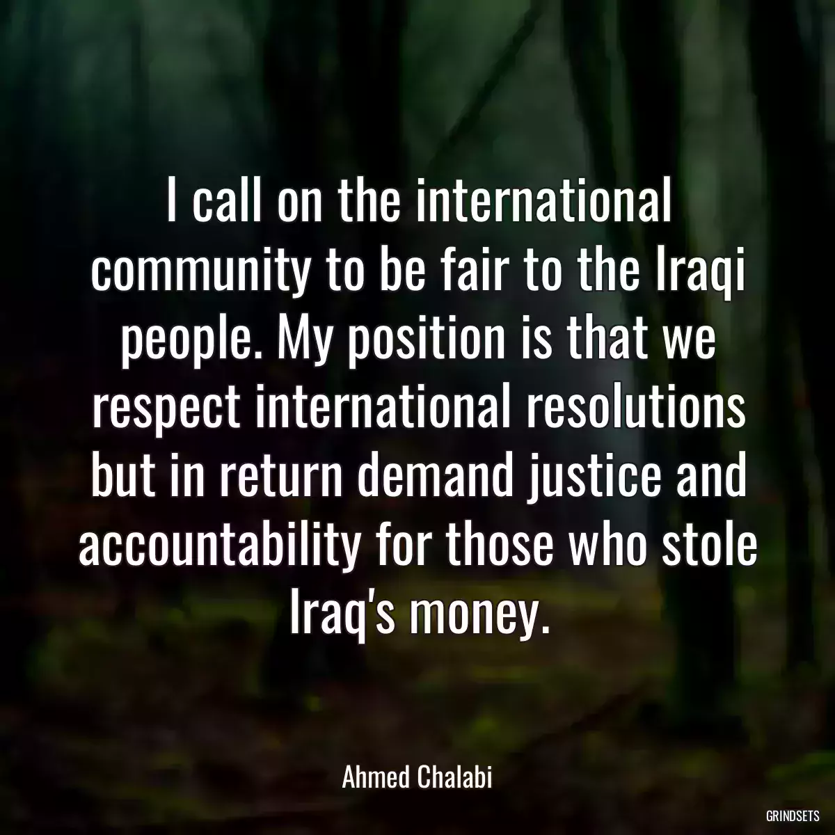 I call on the international community to be fair to the Iraqi people. My position is that we respect international resolutions but in return demand justice and accountability for those who stole Iraq\'s money.