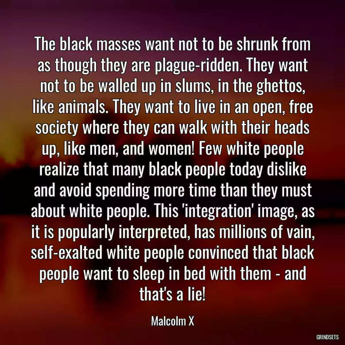 The black masses want not to be shrunk from as though they are plague-ridden. They want not to be walled up in slums, in the ghettos, like animals. They want to live in an open, free society where they can walk with their heads up, like men, and women! Few white people realize that many black people today dislike and avoid spending more time than they must about white people. This \'integration\' image, as it is popularly interpreted, has millions of vain, self-exalted white people convinced that black people want to sleep in bed with them - and that\'s a lie!