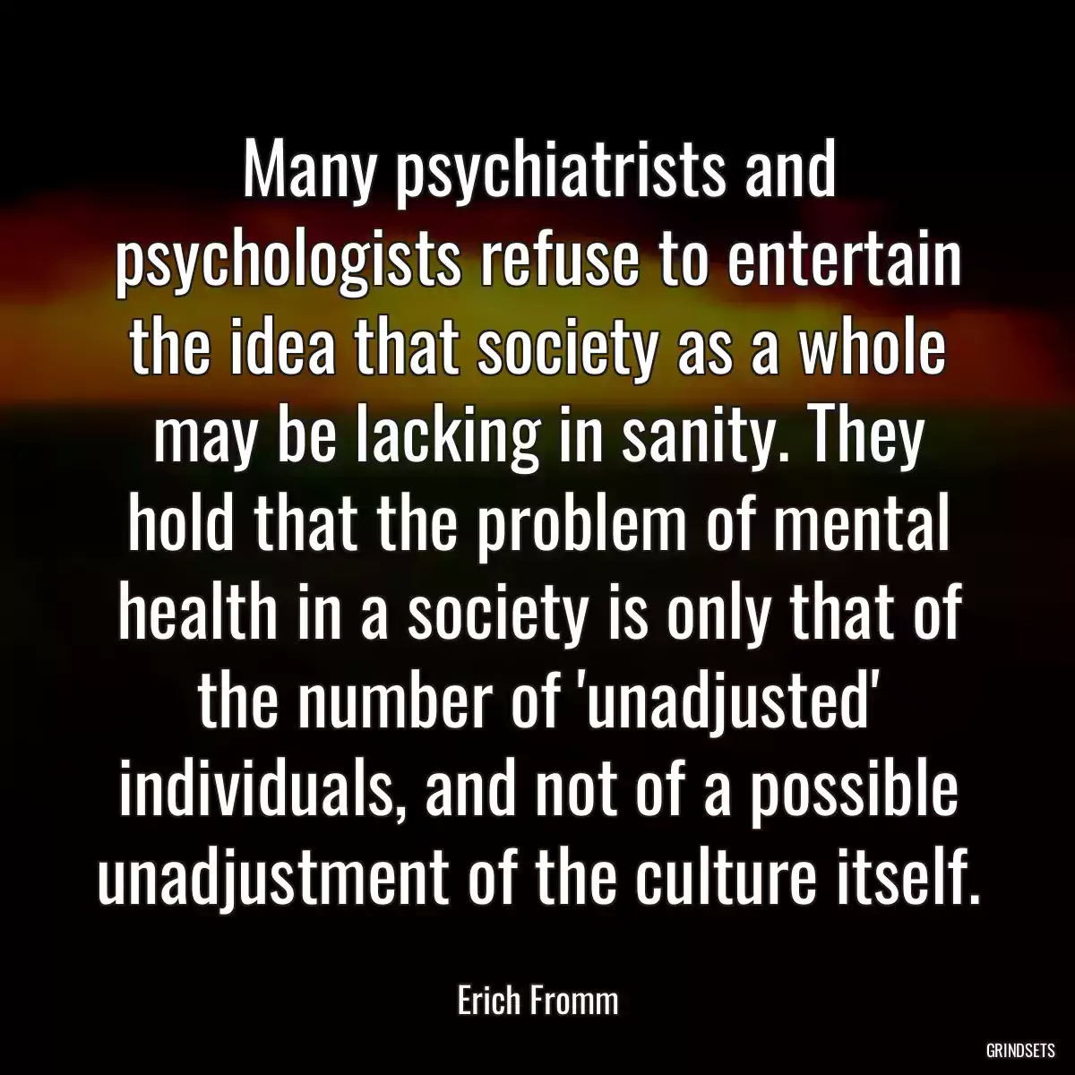 Many psychiatrists and psychologists refuse to entertain the idea that society as a whole may be lacking in sanity. They hold that the problem of mental health in a society is only that of the number of \'unadjusted\' individuals, and not of a possible unadjustment of the culture itself.