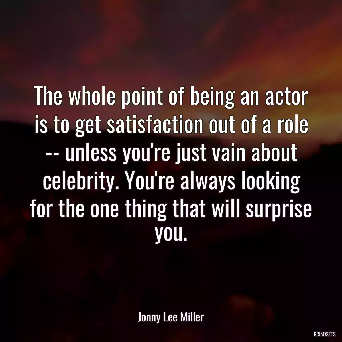 The whole point of being an actor is to get satisfaction out of a role -- unless you\'re just vain about celebrity. You\'re always looking for the one thing that will surprise you.