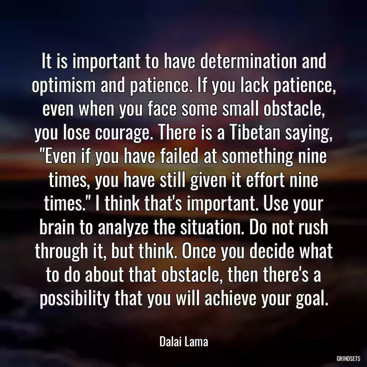 It is important to have determination and optimism and patience. If you lack patience, even when you face some small obstacle, you lose courage. There is a Tibetan saying, \