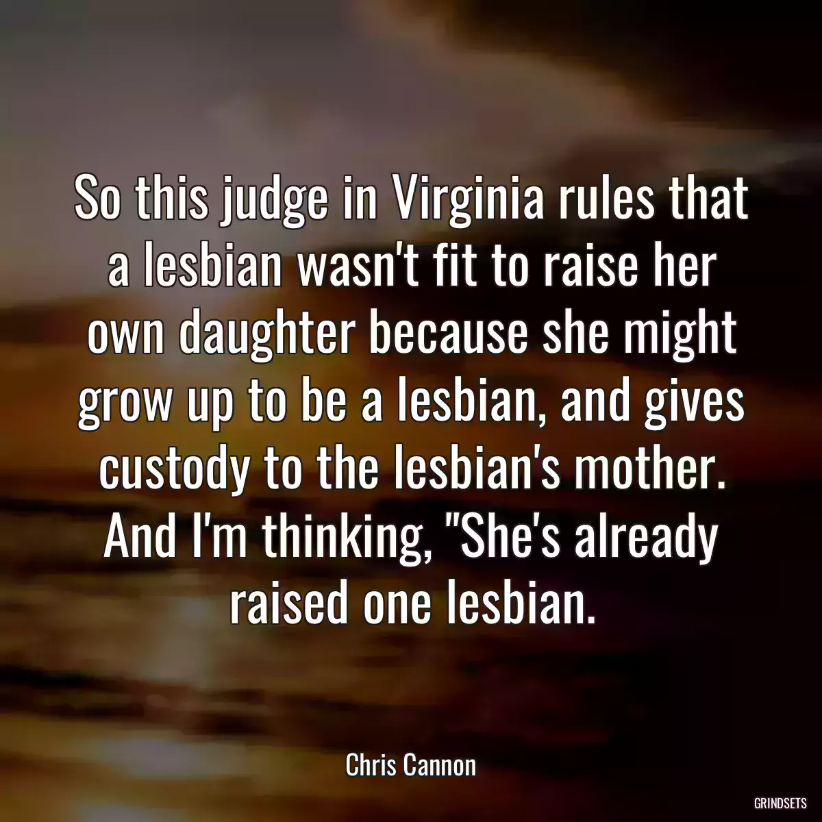 So this judge in Virginia rules that a lesbian wasn\'t fit to raise her own daughter because she might grow up to be a lesbian, and gives custody to the lesbian\'s mother. And I\'m thinking, \