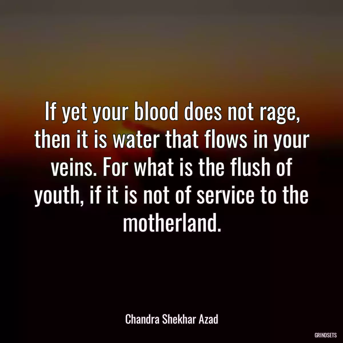 If yet your blood does not rage, then it is water that flows in your veins. For what is the flush of youth, if it is not of service to the motherland.