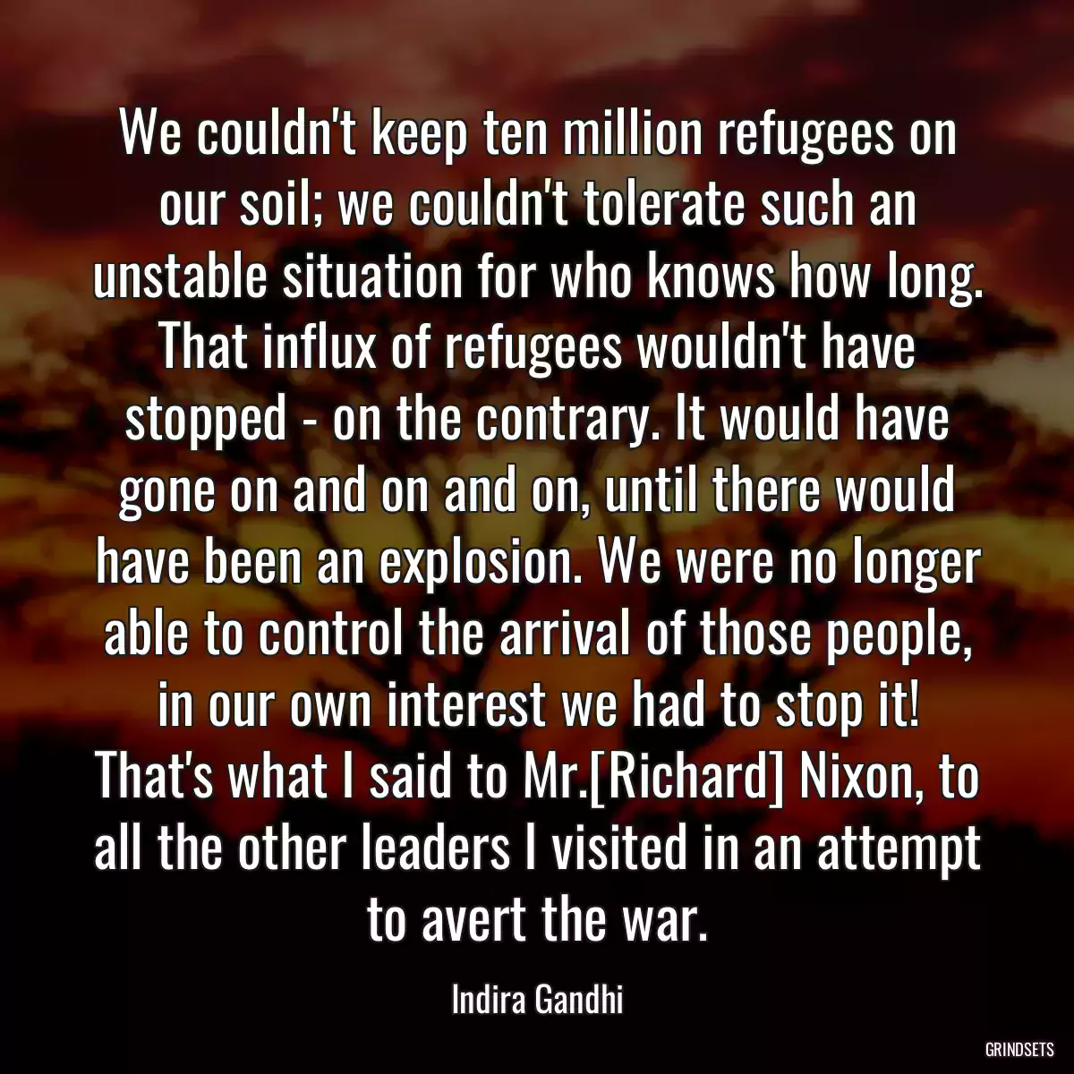 We couldn\'t keep ten million refugees on our soil; we couldn\'t tolerate such an unstable situation for who knows how long. That influx of refugees wouldn\'t have stopped - on the contrary. It would have gone on and on and on, until there would have been an explosion. We were no longer able to control the arrival of those people, in our own interest we had to stop it! That\'s what I said to Mr.[Richard] Nixon, to all the other leaders I visited in an attempt to avert the war.