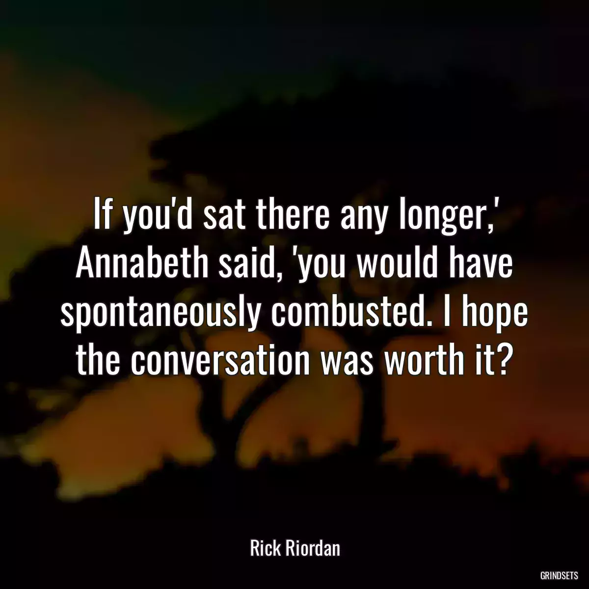 If you\'d sat there any longer,\' Annabeth said, \'you would have spontaneously combusted. I hope the conversation was worth it?