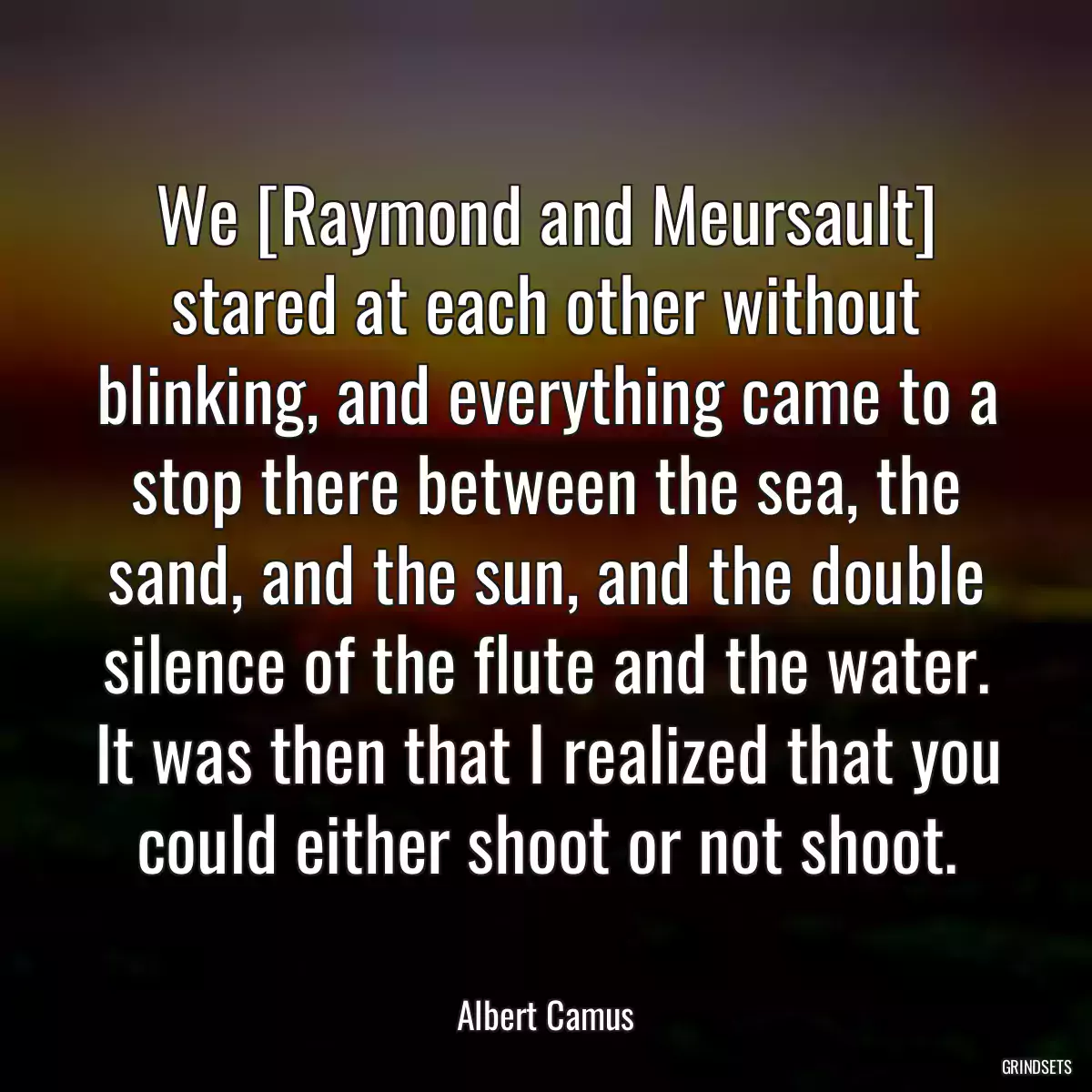 We [Raymond and Meursault] stared at each other without blinking, and everything came to a stop there between the sea, the sand, and the sun, and the double silence of the flute and the water. It was then that I realized that you could either shoot or not shoot.