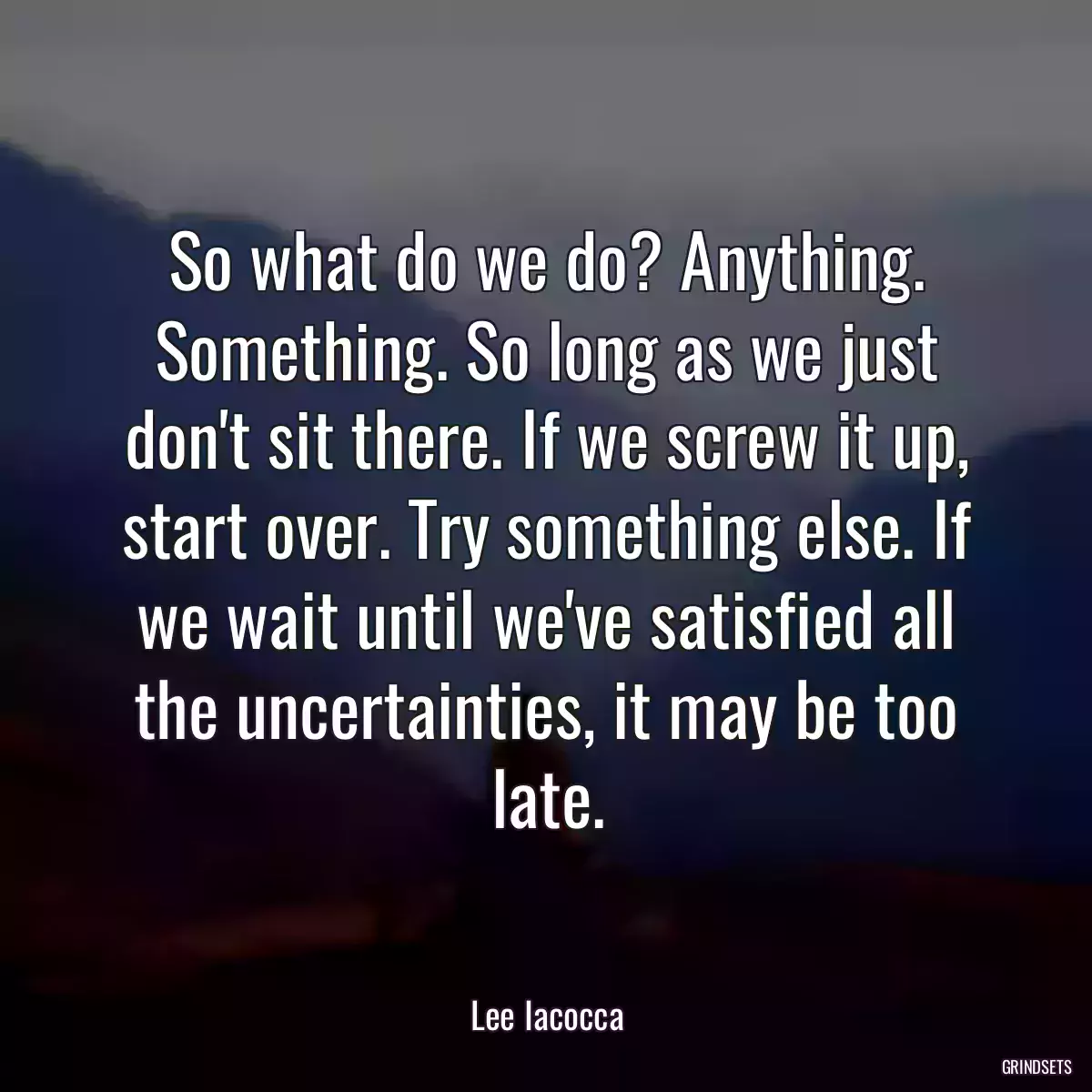 So what do we do? Anything. Something. So long as we just don\'t sit there. If we screw it up, start over. Try something else. If we wait until we\'ve satisfied all the uncertainties, it may be too late.