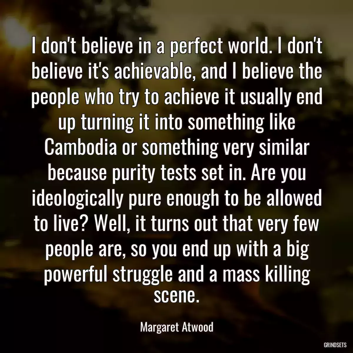I don\'t believe in a perfect world. I don\'t believe it\'s achievable, and I believe the people who try to achieve it usually end up turning it into something like Cambodia or something very similar because purity tests set in. Are you ideologically pure enough to be allowed to live? Well, it turns out that very few people are, so you end up with a big powerful struggle and a mass killing scene.