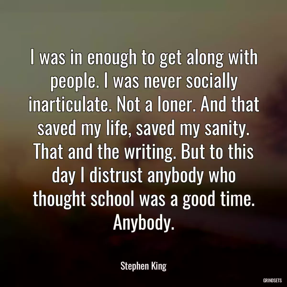 I was in enough to get along with people. I was never socially inarticulate. Not a loner. And that saved my life, saved my sanity. That and the writing. But to this day I distrust anybody who thought school was a good time. Anybody.