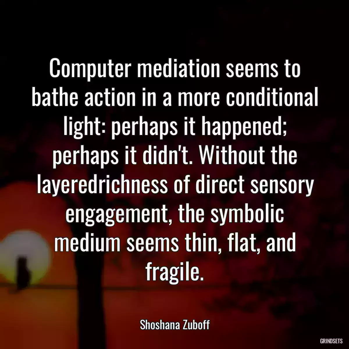 Computer mediation seems to bathe action in a more conditional light: perhaps it happened; perhaps it didn\'t. Without the layeredrichness of direct sensory engagement, the symbolic medium seems thin, flat, and fragile.