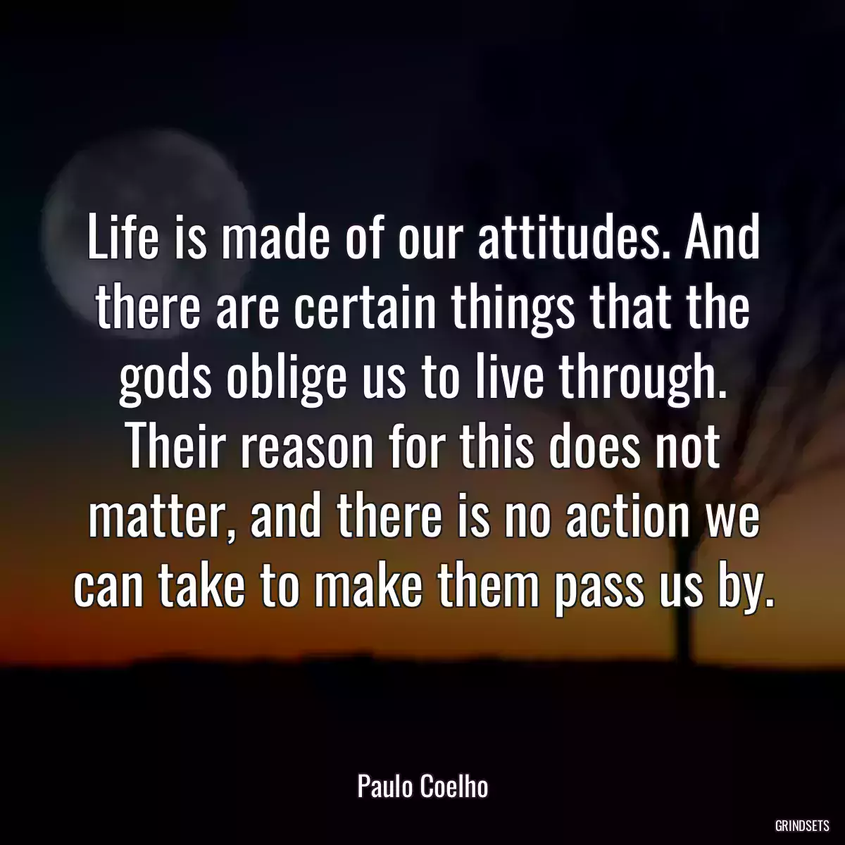 Life is made of our attitudes. And there are certain things that the gods oblige us to live through. Their reason for this does not matter, and there is no action we can take to make them pass us by.