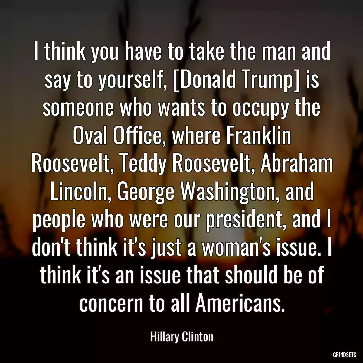 I think you have to take the man and say to yourself, [Donald Trump] is someone who wants to occupy the Oval Office, where Franklin Roosevelt, Teddy Roosevelt, Abraham Lincoln, George Washington, and people who were our president, and I don\'t think it\'s just a woman\'s issue. I think it\'s an issue that should be of concern to all Americans.