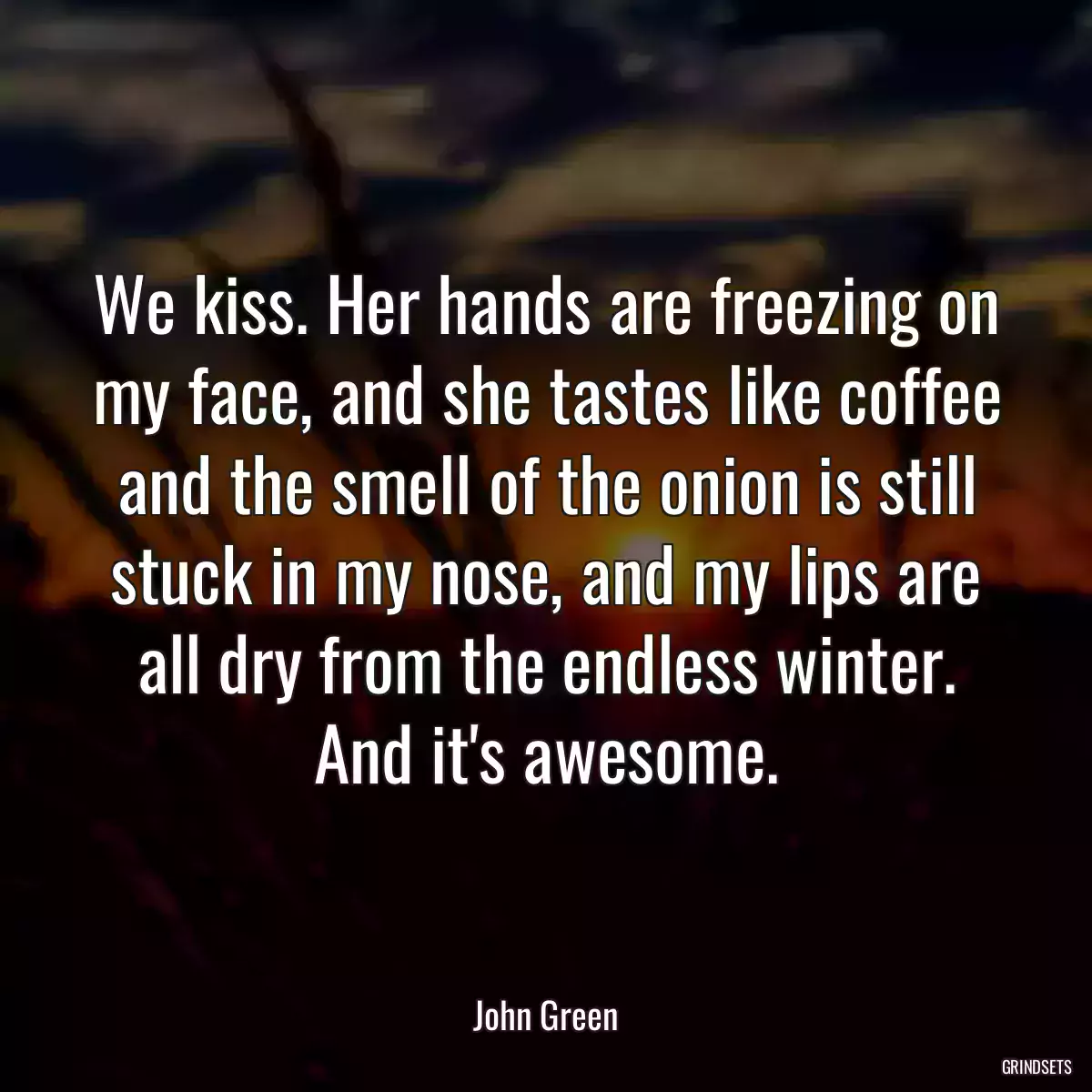 We kiss. Her hands are freezing on my face, and she tastes like coffee and the smell of the onion is still stuck in my nose, and my lips are all dry from the endless winter. And it\'s awesome.