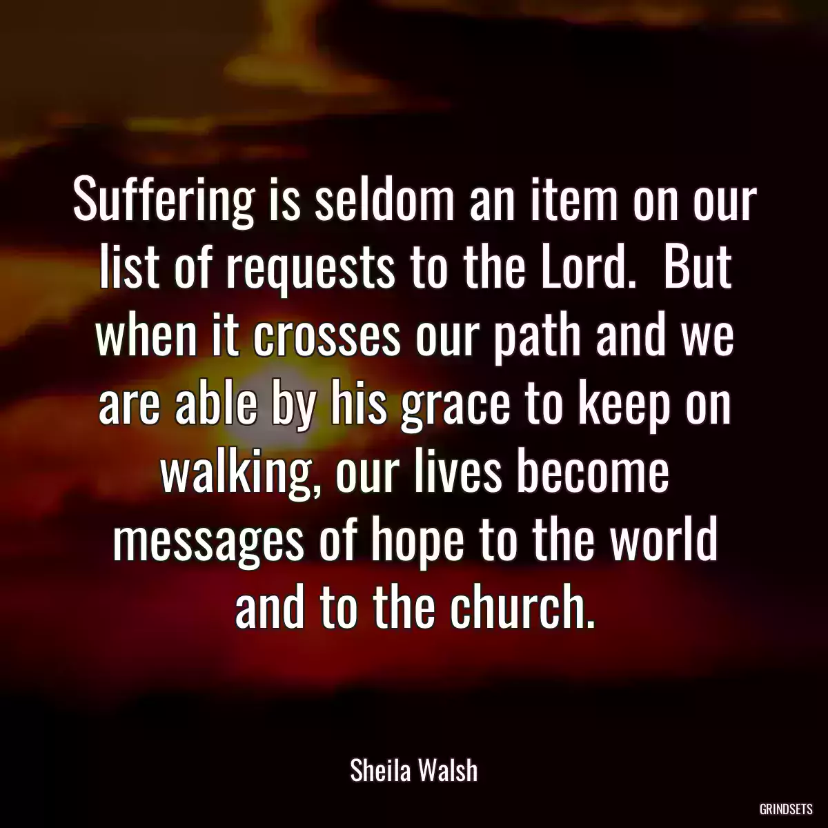 Suffering is seldom an item on our list of requests to the Lord.  But when it crosses our path and we are able by his grace to keep on walking, our lives become messages of hope to the world and to the church.