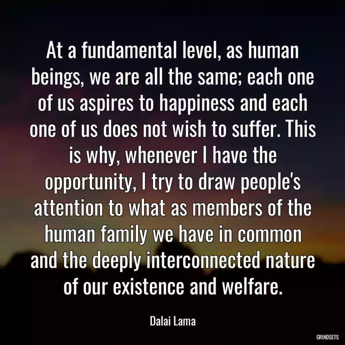 At a fundamental level, as human beings, we are all the same; each one of us aspires to happiness and each one of us does not wish to suffer. This is why, whenever I have the opportunity, I try to draw people\'s attention to what as members of the human family we have in common and the deeply interconnected nature of our existence and welfare.