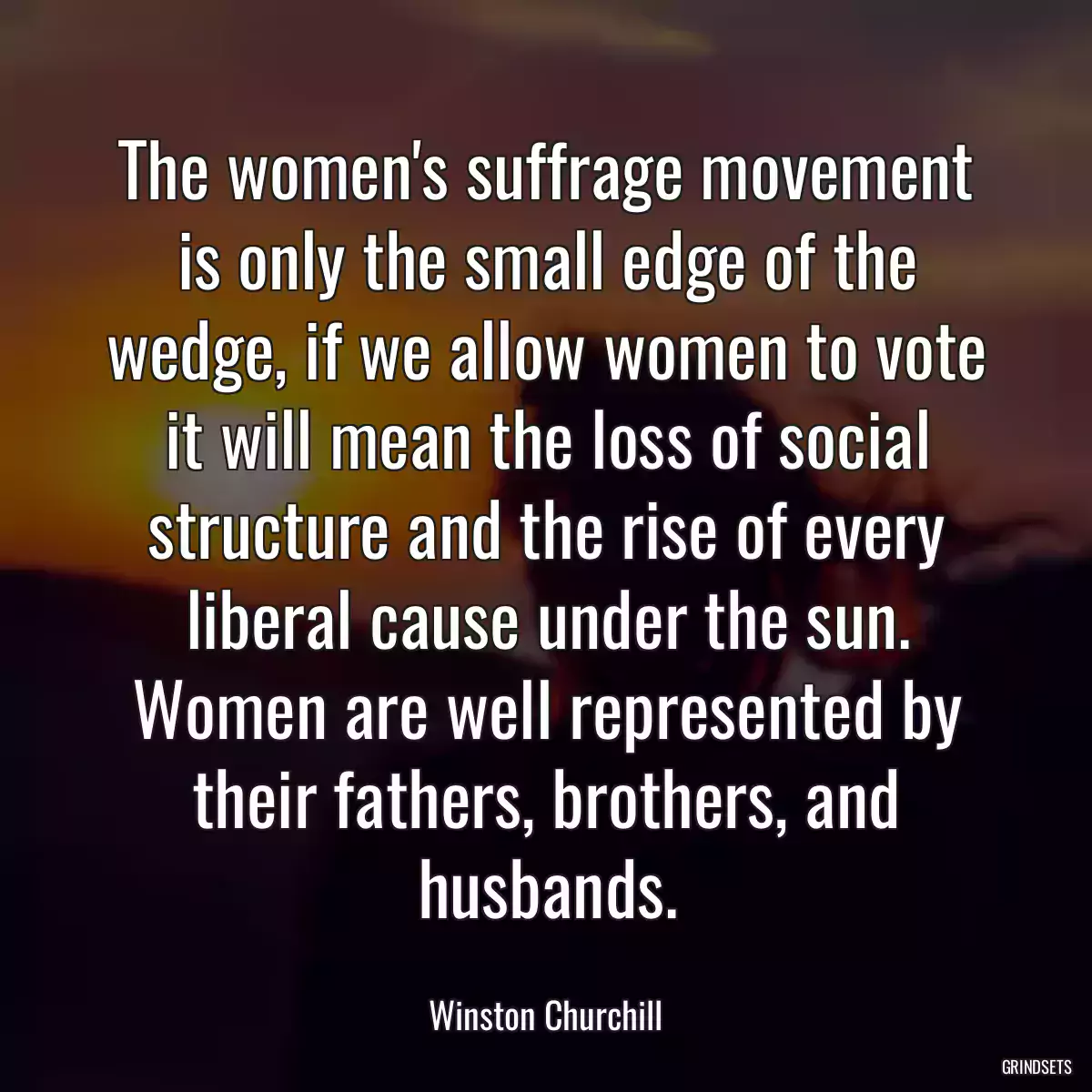 The women\'s suffrage movement is only the small edge of the wedge, if we allow women to vote it will mean the loss of social structure and the rise of every liberal cause under the sun. Women are well represented by their fathers, brothers, and husbands.