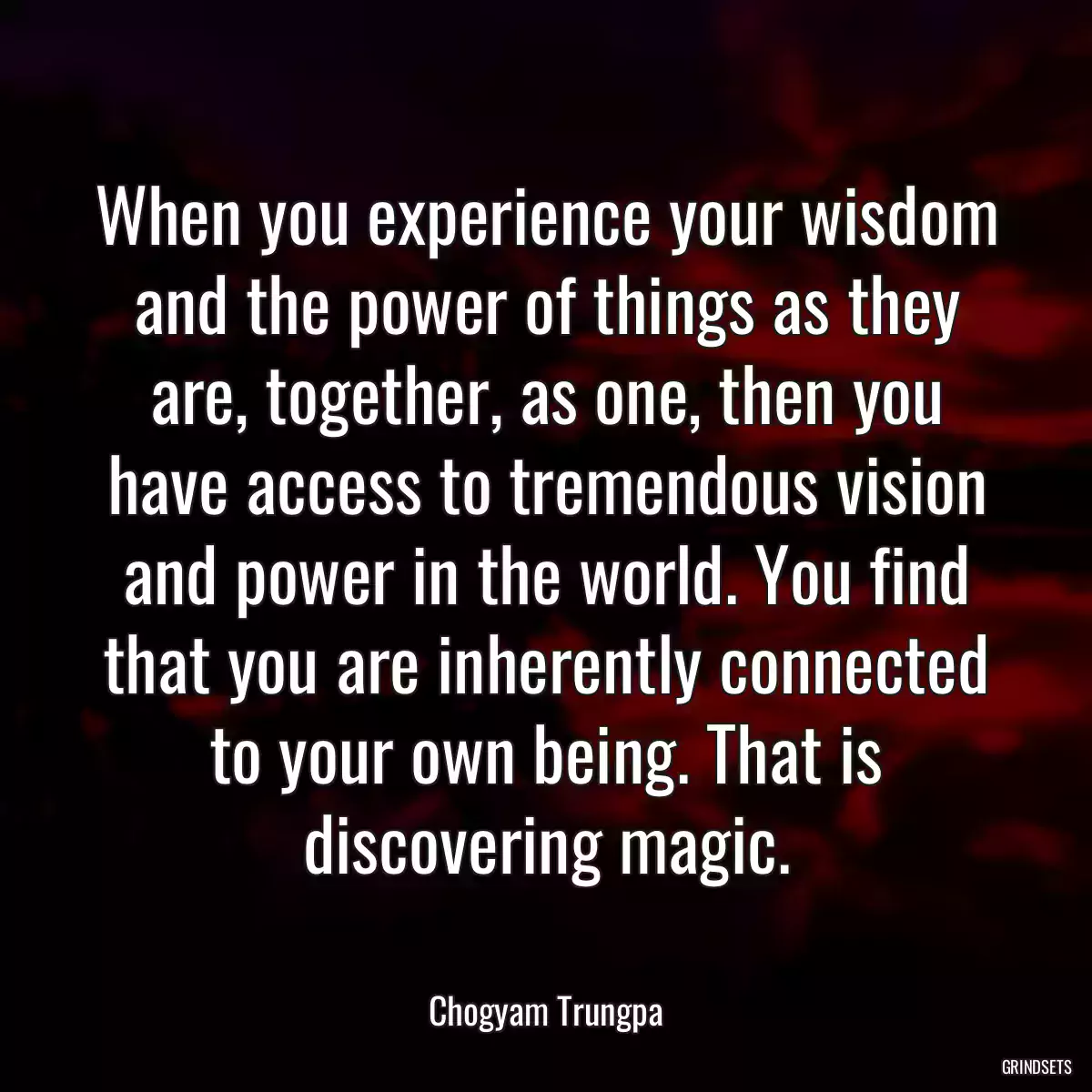 When you experience your wisdom and the power of things as they are, together, as one, then you have access to tremendous vision and power in the world. You find that you are inherently connected to your own being. That is discovering magic.