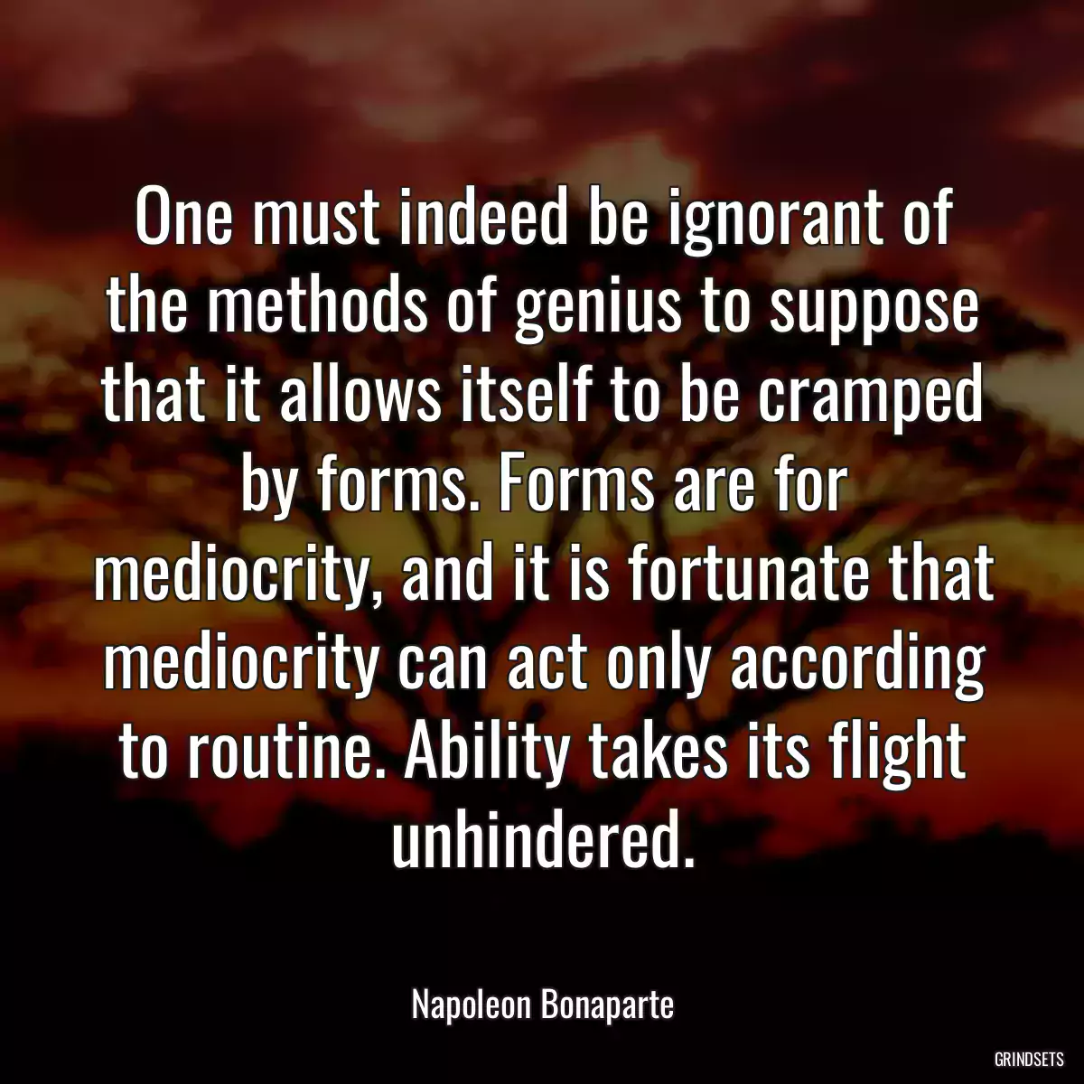 One must indeed be ignorant of the methods of genius to suppose that it allows itself to be cramped by forms. Forms are for mediocrity, and it is fortunate that mediocrity can act only according to routine. Ability takes its flight unhindered.