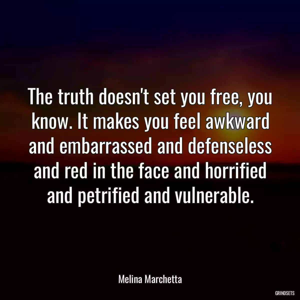 The truth doesn\'t set you free, you know. It makes you feel awkward and embarrassed and defenseless and red in the face and horrified and petrified and vulnerable.