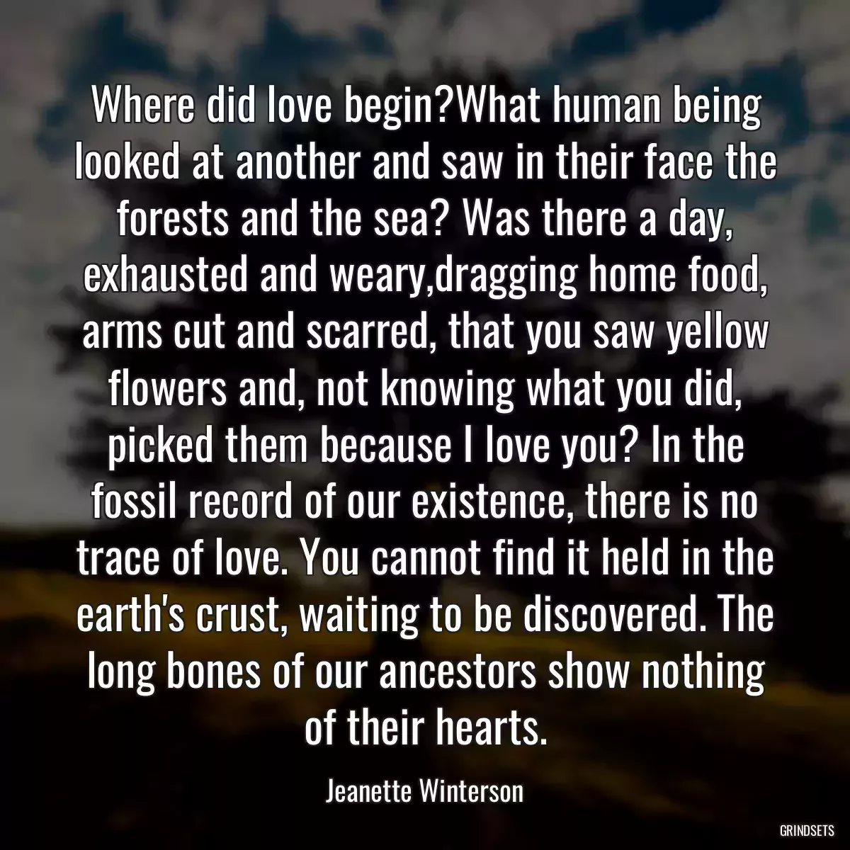 Where did love begin?What human being looked at another and saw in their face the forests and the sea? Was there a day, exhausted and weary,dragging home food, arms cut and scarred, that you saw yellow flowers and, not knowing what you did, picked them because I love you? In the fossil record of our existence, there is no trace of love. You cannot find it held in the earth\'s crust, waiting to be discovered. The long bones of our ancestors show nothing of their hearts.