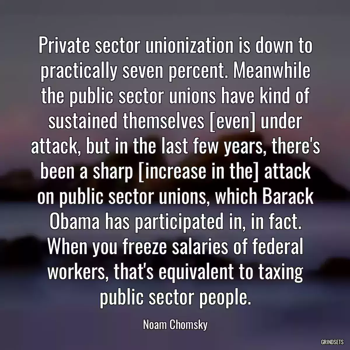 Private sector unionization is down to practically seven percent. Meanwhile the public sector unions have kind of sustained themselves [even] under attack, but in the last few years, there\'s been a sharp [increase in the] attack on public sector unions, which Barack Obama has participated in, in fact. When you freeze salaries of federal workers, that\'s equivalent to taxing public sector people.