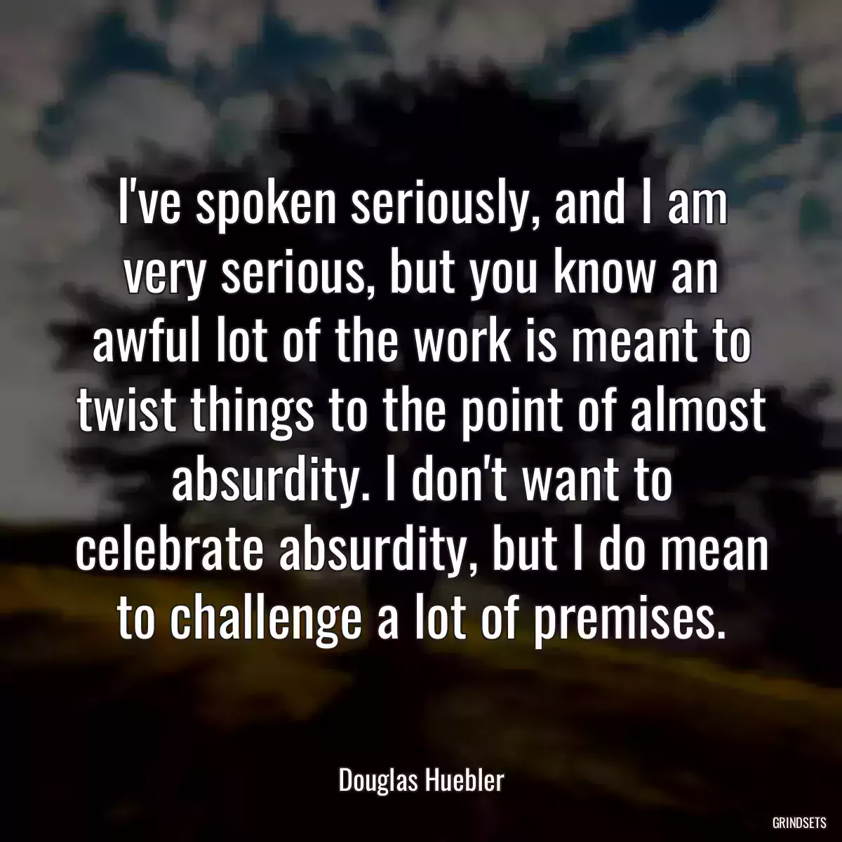 I\'ve spoken seriously, and I am very serious, but you know an awful lot of the work is meant to twist things to the point of almost absurdity. I don\'t want to celebrate absurdity, but I do mean to challenge a lot of premises.