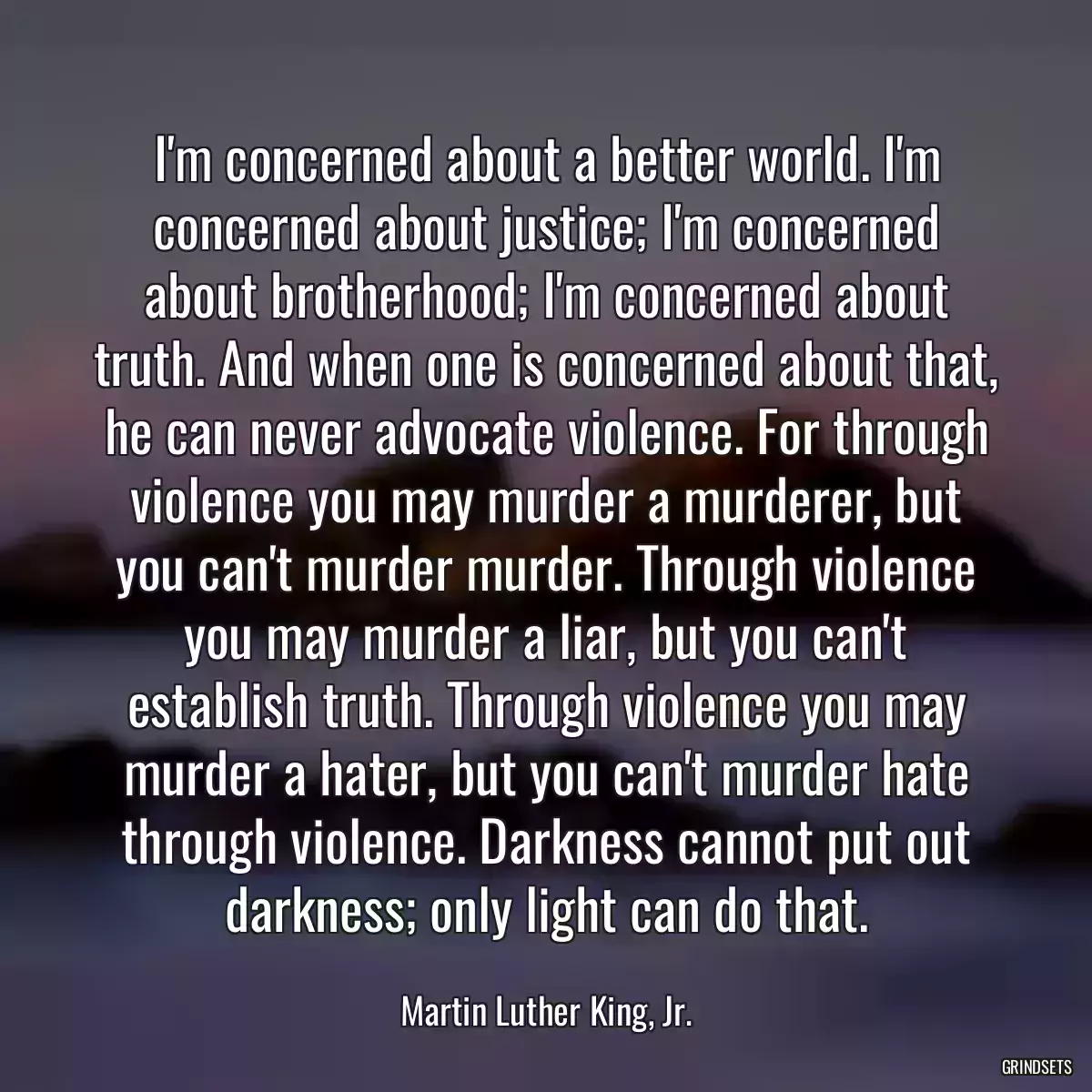 I\'m concerned about a better world. I\'m concerned about justice; I\'m concerned about brotherhood; I\'m concerned about truth. And when one is concerned about that, he can never advocate violence. For through violence you may murder a murderer, but you can\'t murder murder. Through violence you may murder a liar, but you can\'t establish truth. Through violence you may murder a hater, but you can\'t murder hate through violence. Darkness cannot put out darkness; only light can do that.