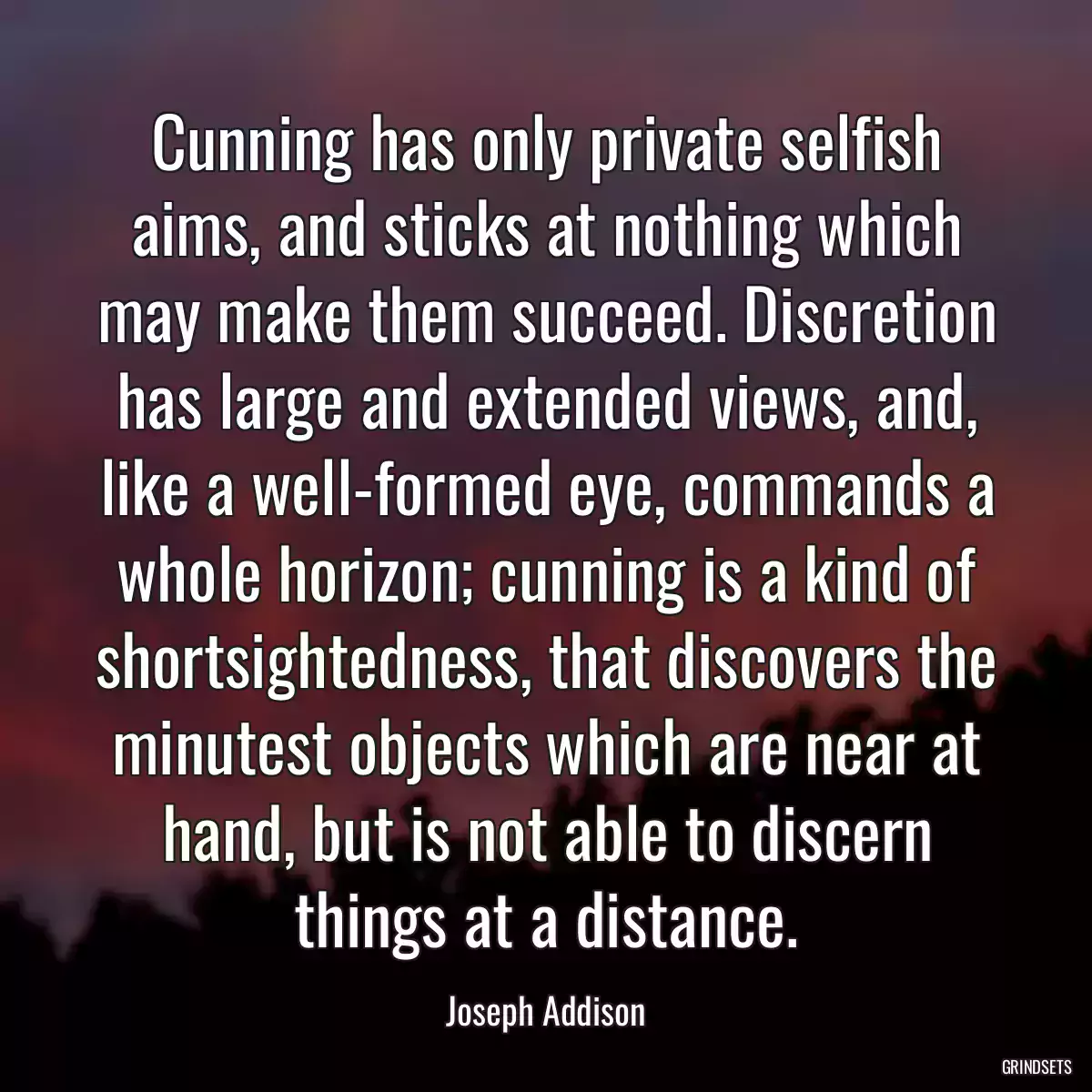 Cunning has only private selfish aims, and sticks at nothing which may make them succeed. Discretion has large and extended views, and, like a well-formed eye, commands a whole horizon; cunning is a kind of shortsightedness, that discovers the minutest objects which are near at hand, but is not able to discern things at a distance.