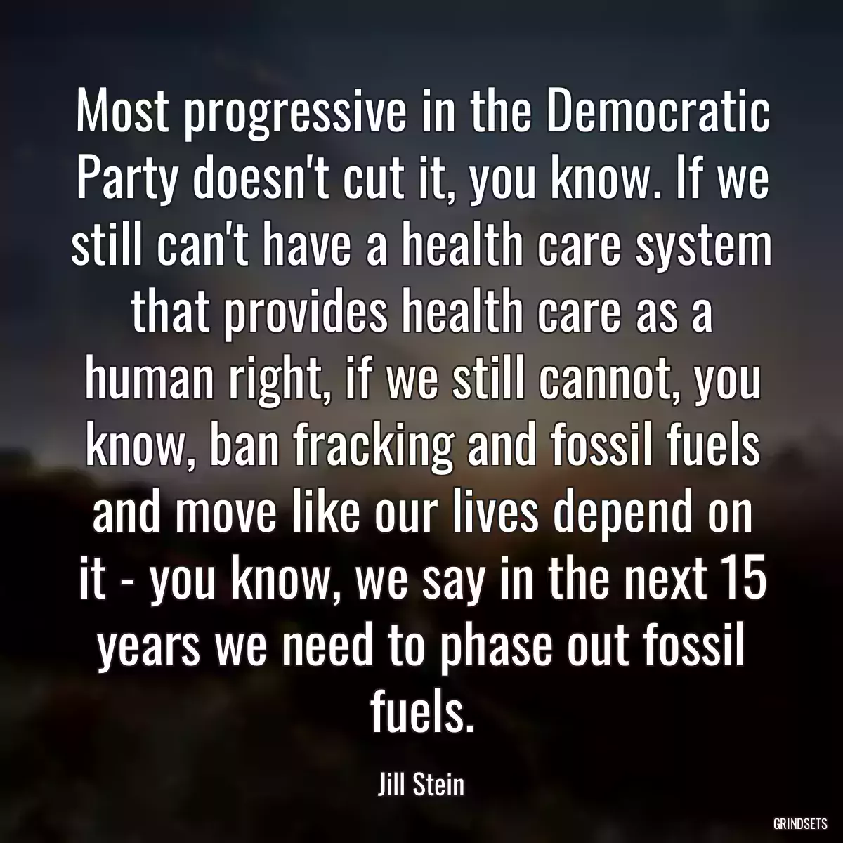 Most progressive in the Democratic Party doesn\'t cut it, you know. If we still can\'t have a health care system that provides health care as a human right, if we still cannot, you know, ban fracking and fossil fuels and move like our lives depend on it - you know, we say in the next 15 years we need to phase out fossil fuels.