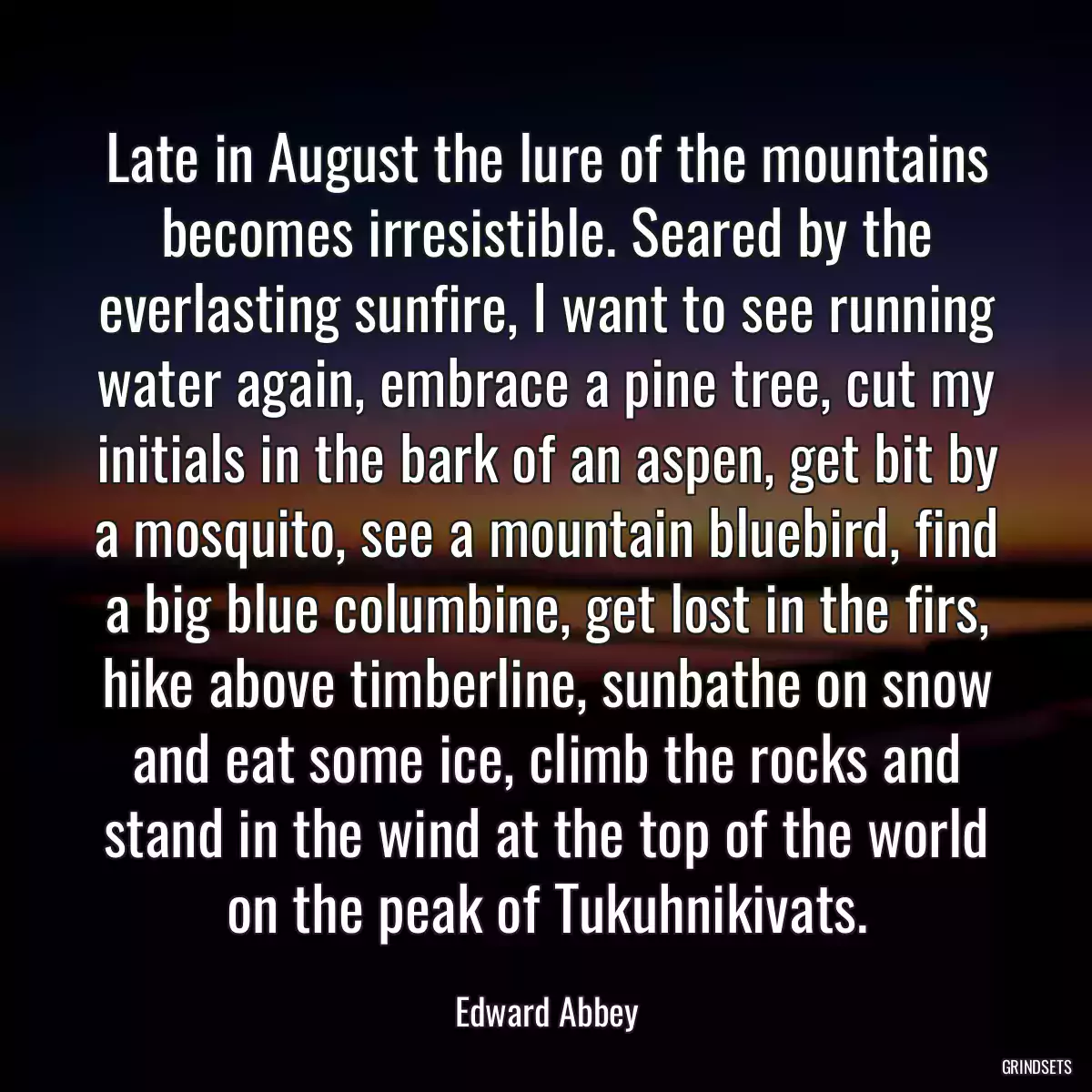 Late in August the lure of the mountains becomes irresistible. Seared by the everlasting sunfire, I want to see running water again, embrace a pine tree, cut my initials in the bark of an aspen, get bit by a mosquito, see a mountain bluebird, find a big blue columbine, get lost in the firs, hike above timberline, sunbathe on snow and eat some ice, climb the rocks and stand in the wind at the top of the world on the peak of Tukuhnikivats.