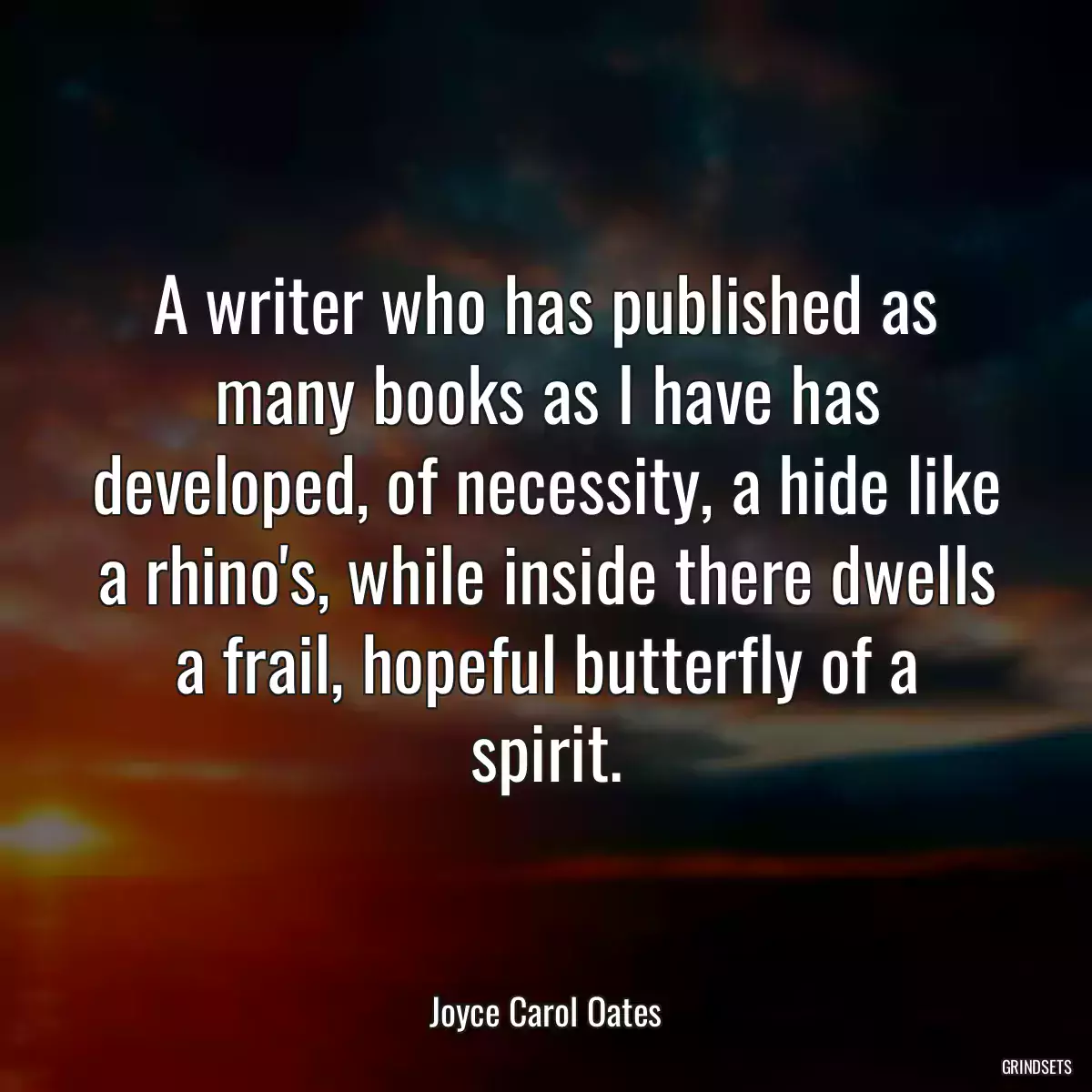 A writer who has published as many books as I have has developed, of necessity, a hide like a rhino\'s, while inside there dwells a frail, hopeful butterfly of a spirit.