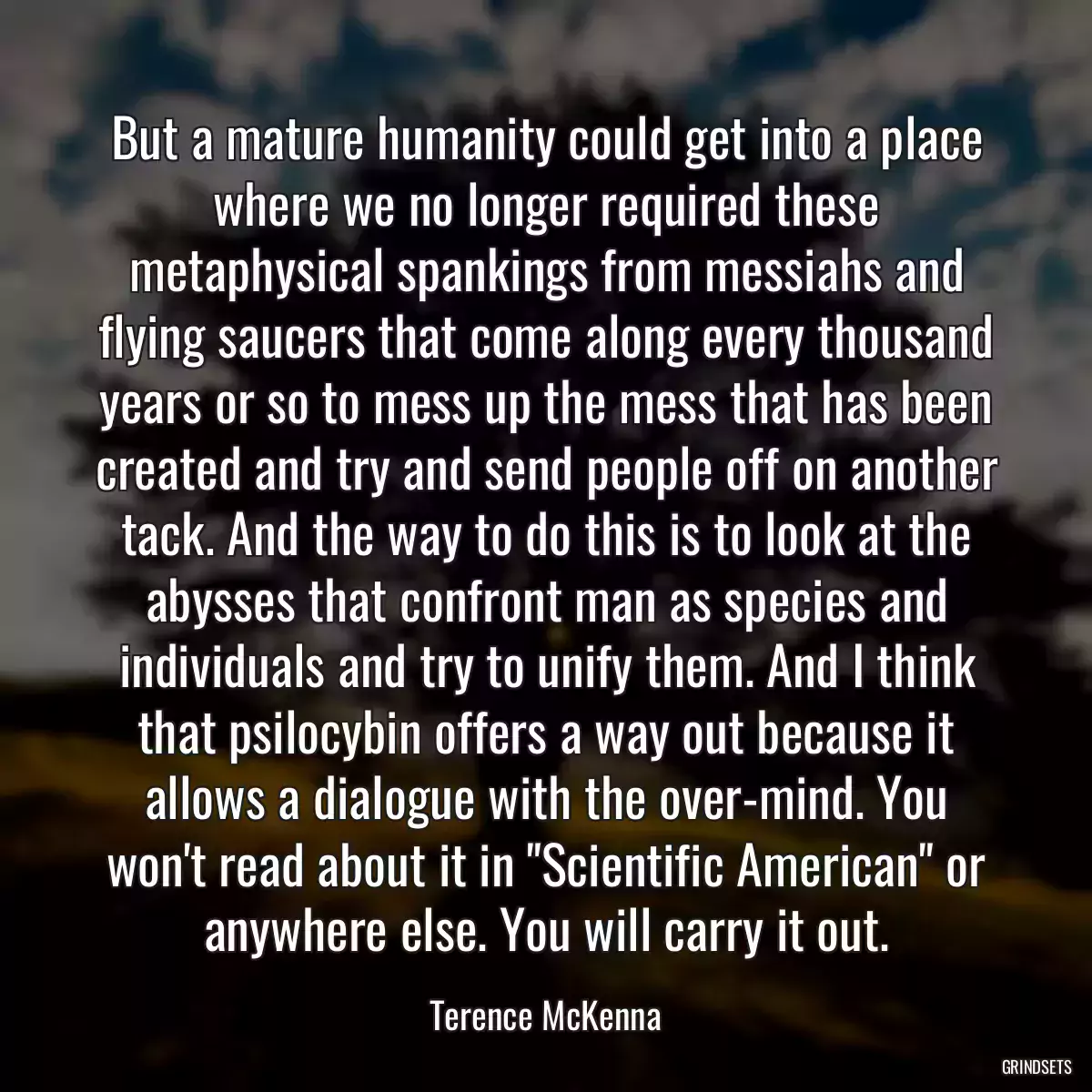 But a mature humanity could get into a place where we no longer required these metaphysical spankings from messiahs and flying saucers that come along every thousand years or so to mess up the mess that has been created and try and send people off on another tack. And the way to do this is to look at the abysses that confront man as species and individuals and try to unify them. And I think that psilocybin offers a way out because it allows a dialogue with the over-mind. You won\'t read about it in \