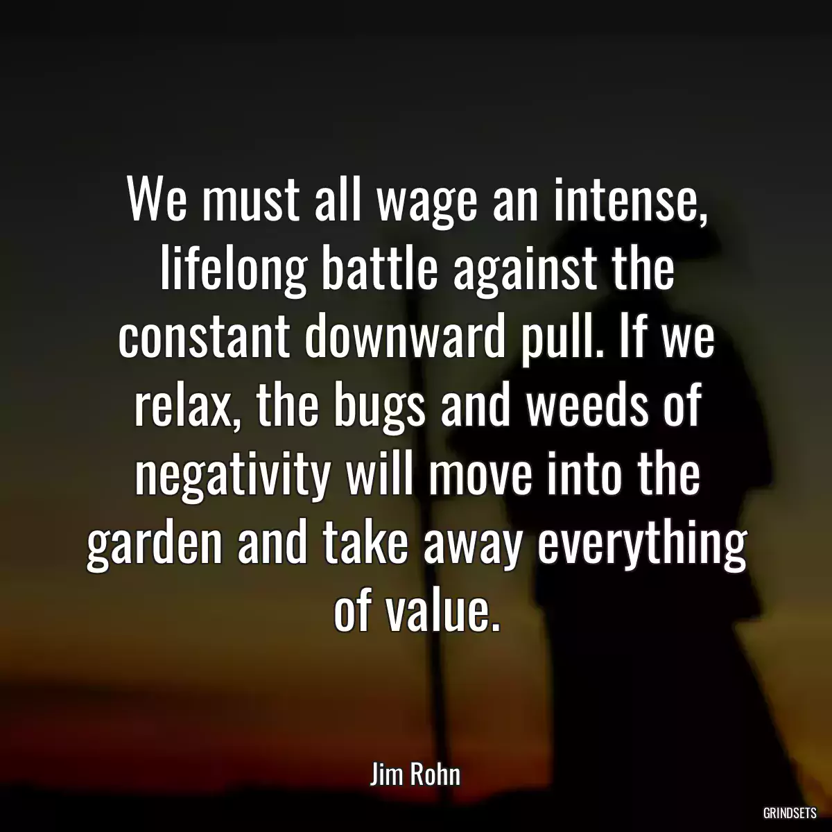 We must all wage an intense, lifelong battle against the constant downward pull. If we relax, the bugs and weeds of negativity will move into the garden and take away everything of value.