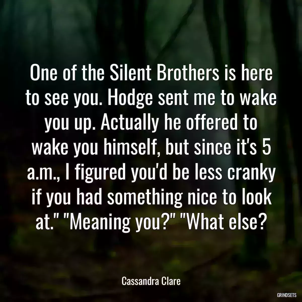 One of the Silent Brothers is here to see you. Hodge sent me to wake you up. Actually he offered to wake you himself, but since it\'s 5 a.m., I figured you\'d be less cranky if you had something nice to look at.\