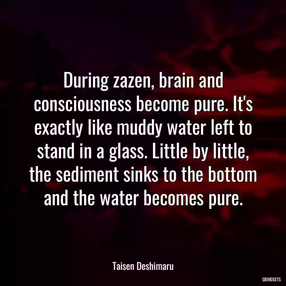 During zazen, brain and consciousness become pure. It\'s exactly like muddy water left to stand in a glass. Little by little, the sediment sinks to the bottom and the water becomes pure.