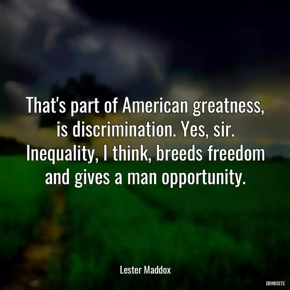 That\'s part of American greatness, is discrimination. Yes, sir. Inequality, I think, breeds freedom and gives a man opportunity.