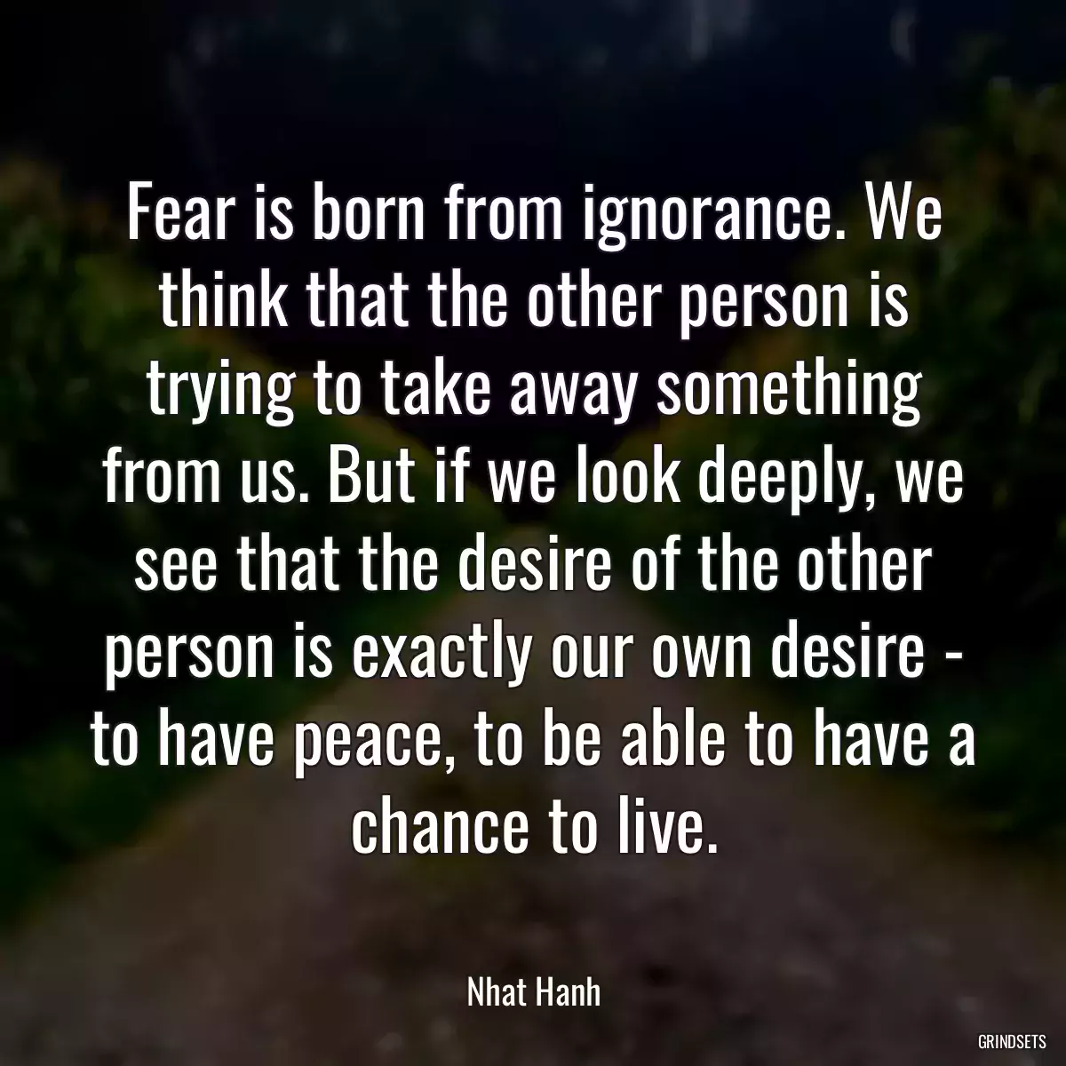 Fear is born from ignorance. We think that the other person is trying to take away something from us. But if we look deeply, we see that the desire of the other person is exactly our own desire - to have peace, to be able to have a chance to live.