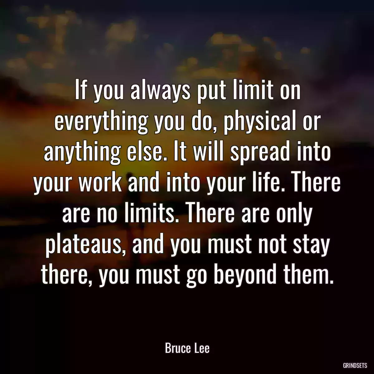 If you always put limit on everything you do, physical or anything else. It will spread into your work and into your life. There are no limits. There are only plateaus, and you must not stay there, you must go beyond them.