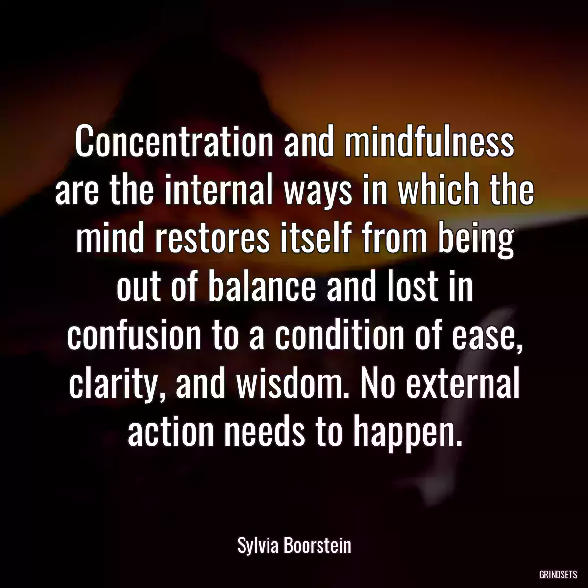 Concentration and mindfulness are the internal ways in which the mind restores itself from being out of balance and lost in confusion to a condition of ease, clarity, and wisdom. No external action needs to happen.