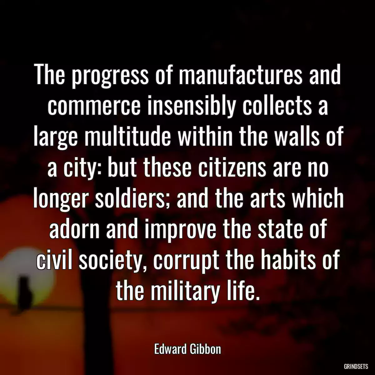 The progress of manufactures and commerce insensibly collects a large multitude within the walls of a city: but these citizens are no longer soldiers; and the arts which adorn and improve the state of civil society, corrupt the habits of the military life.