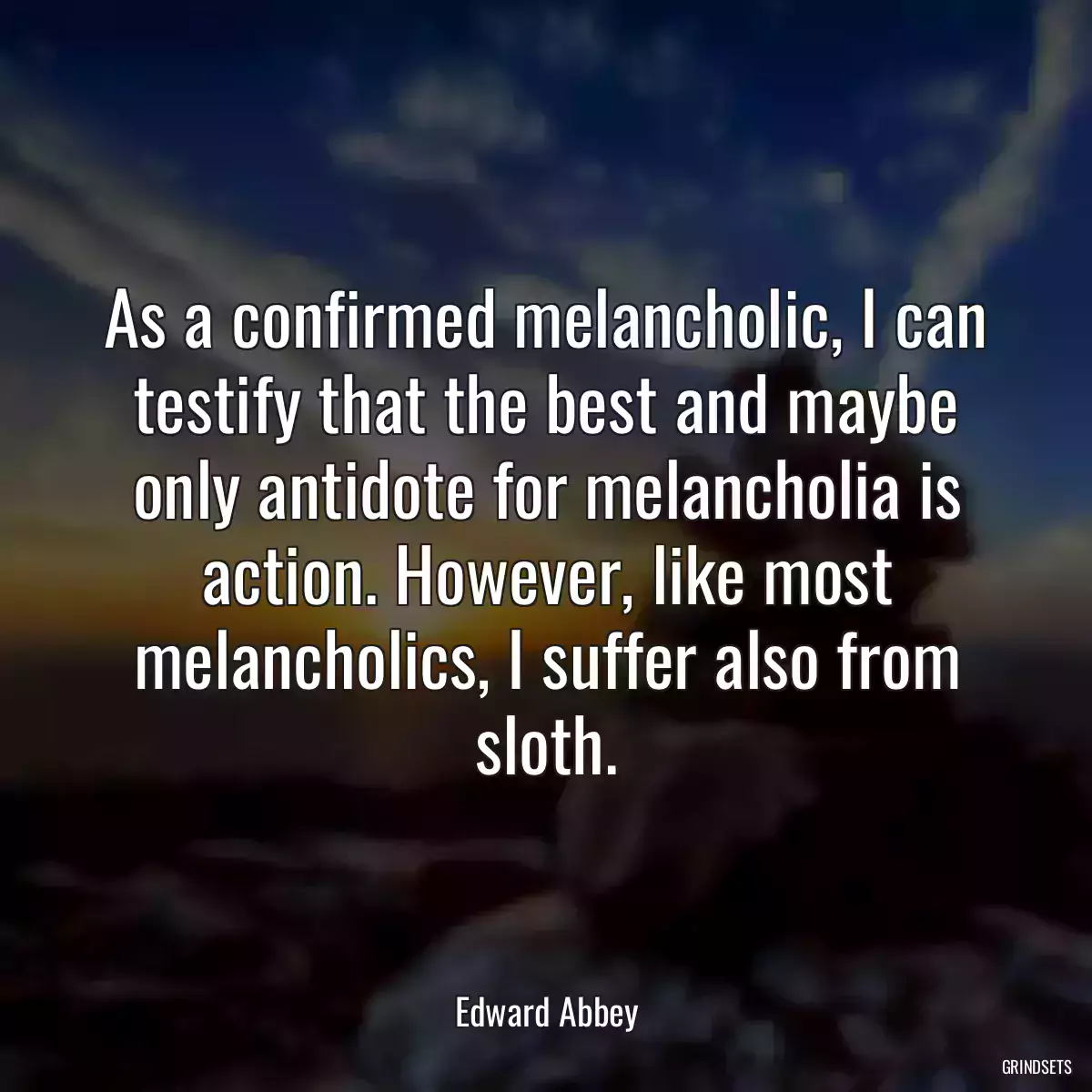 As a confirmed melancholic, I can testify that the best and maybe only antidote for melancholia is action. However, like most melancholics, I suffer also from sloth.