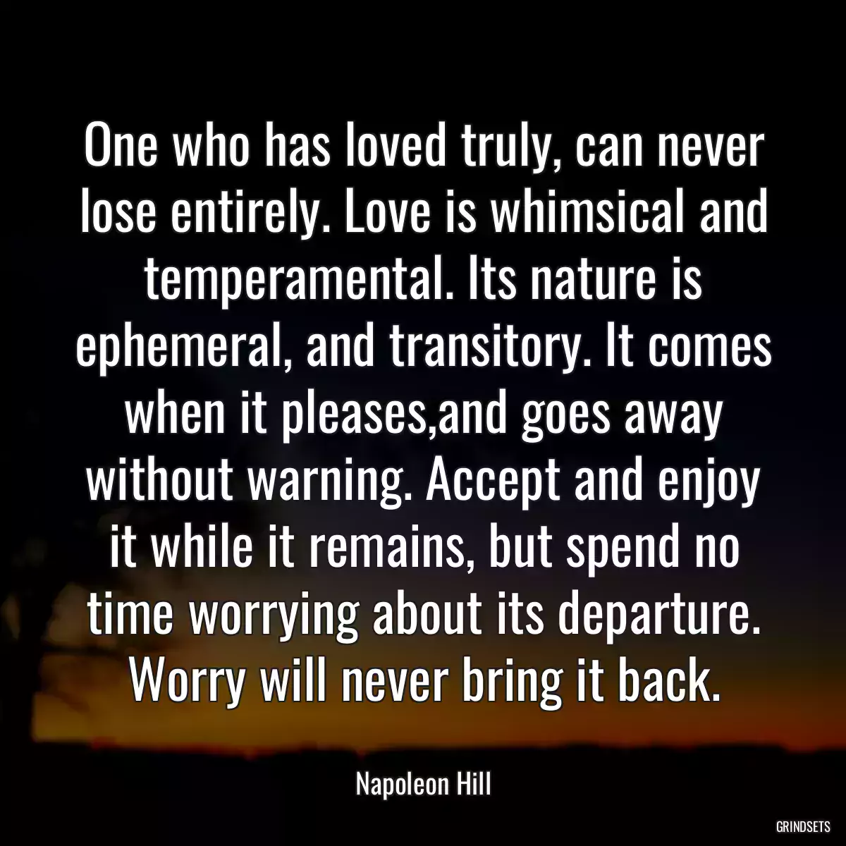 One who has loved truly, can never lose entirely. Love is whimsical and temperamental. Its nature is ephemeral, and transitory. It comes when it pleases,and goes away without warning. Accept and enjoy it while it remains, but spend no time worrying about its departure. Worry will never bring it back.