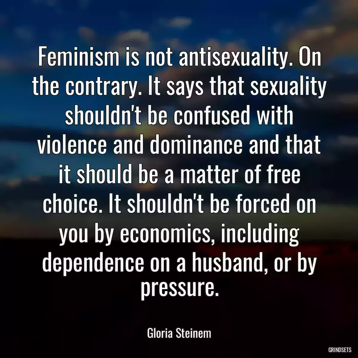 Feminism is not antisexuality. On the contrary. It says that sexuality shouldn\'t be confused with violence and dominance and that it should be a matter of free choice. It shouldn\'t be forced on you by economics, including dependence on a husband, or by pressure.