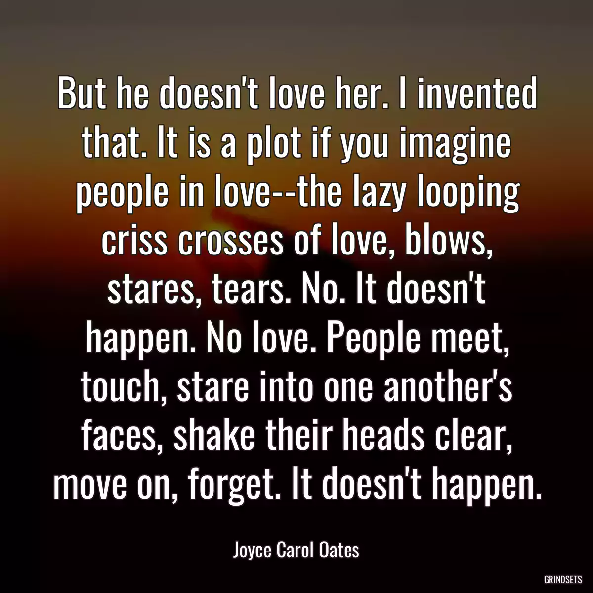 But he doesn\'t love her. I invented that. It is a plot if you imagine people in love--the lazy looping criss crosses of love, blows, stares, tears. No. It doesn\'t happen. No love. People meet, touch, stare into one another\'s faces, shake their heads clear, move on, forget. It doesn\'t happen.