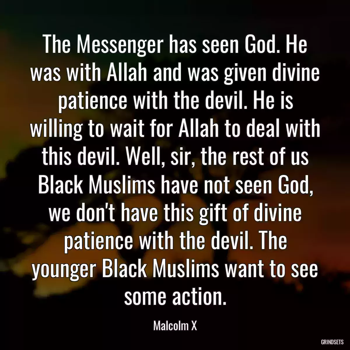 The Messenger has seen God. He was with Allah and was given divine patience with the devil. He is willing to wait for Allah to deal with this devil. Well, sir, the rest of us Black Muslims have not seen God, we don\'t have this gift of divine patience with the devil. The younger Black Muslims want to see some action.