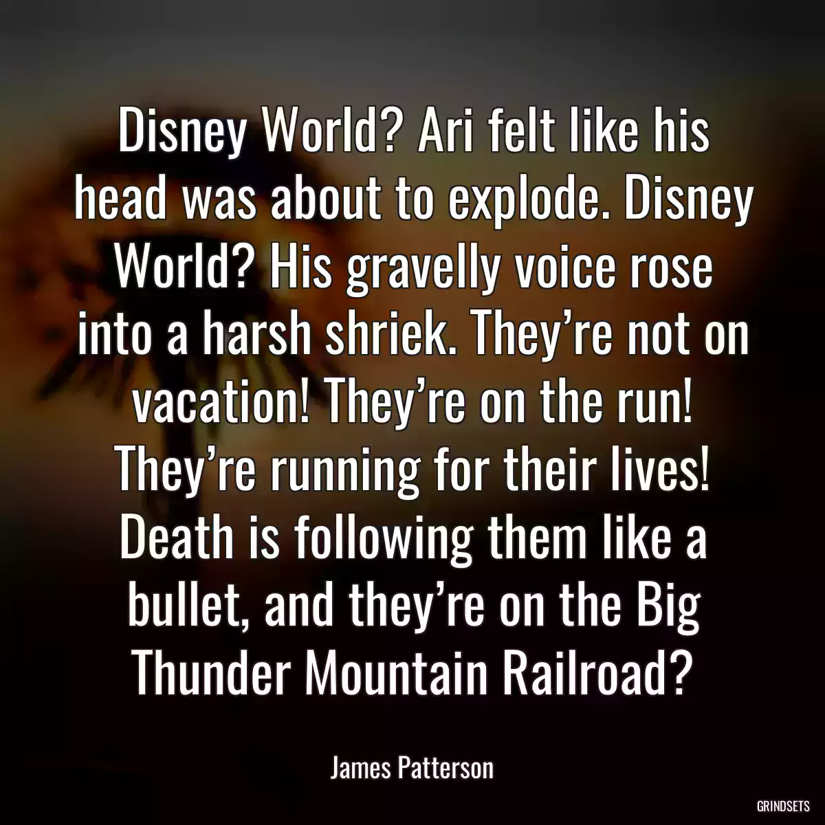 Disney World? Ari felt like his head was about to explode. Disney World? His gravelly voice rose into a harsh shriek. They’re not on vacation! They’re on the run! They’re running for their lives! Death is following them like a bullet, and they’re on the Big Thunder Mountain Railroad?