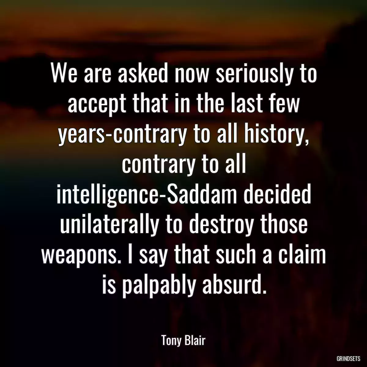 We are asked now seriously to accept that in the last few years-contrary to all history, contrary to all intelligence-Saddam decided unilaterally to destroy those weapons. I say that such a claim is palpably absurd.